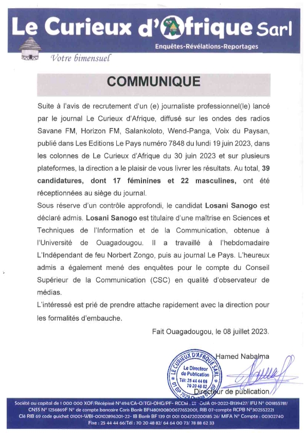 COMMUNIQUE: Résultat du recrutement précédemment lancé par Le Curieux d’Afrique