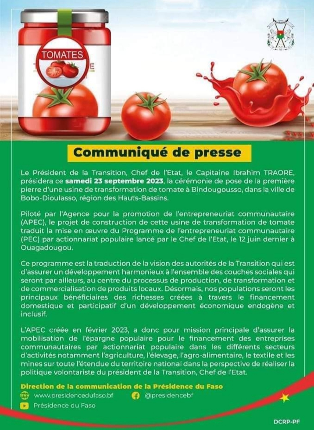 Entreprenariat communautaire : Bientôt une #usine de transformation de tomate à #Bobo_Dioulasso.