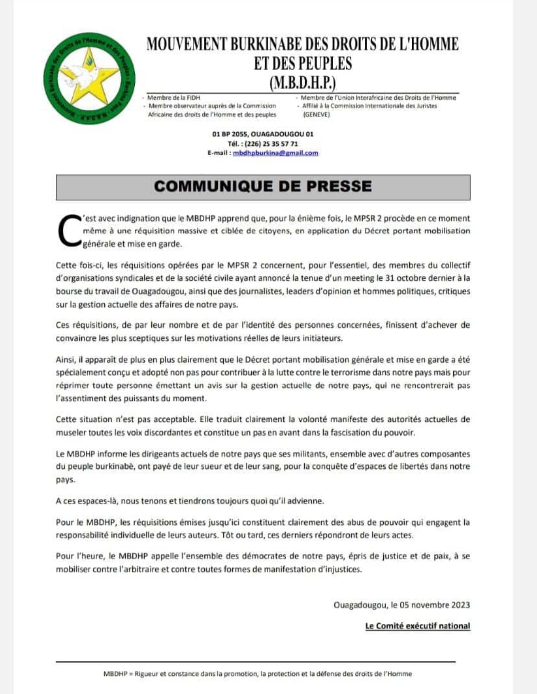 Burkina/Réquisition : Mouvement burkinabe des droits de l'homme et des peuples (MBDHP) se prononce sur les réquisitions.